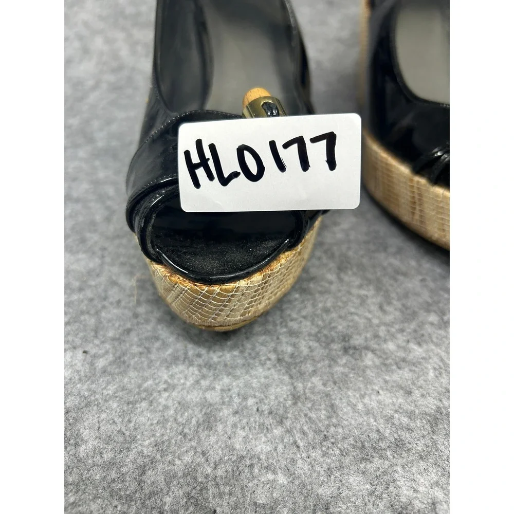 Stuart Weitzman Womens Slingback Wedge 8 Black Patent Leather Bamboo Detail